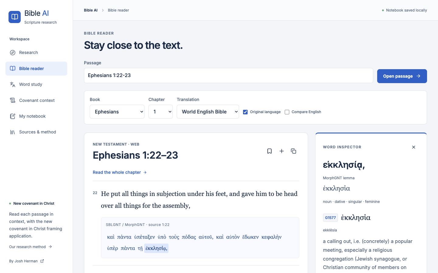 Bible AI reader showing Ephesians 1:22–23, the Greek text, and the word inspector