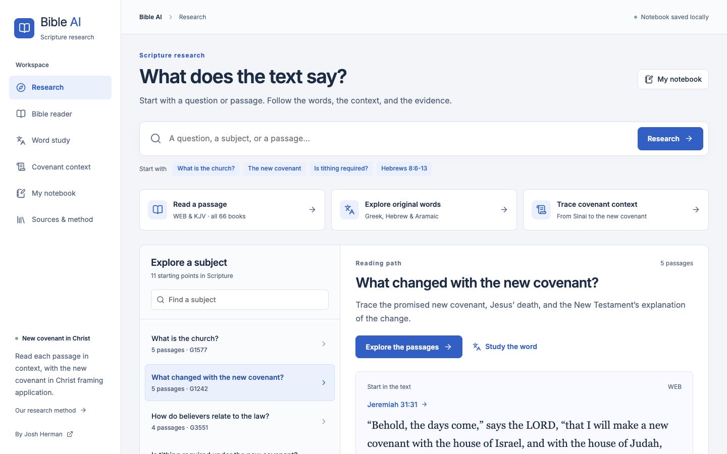 Bible AI workspace for Scripture research, original languages, and covenant context