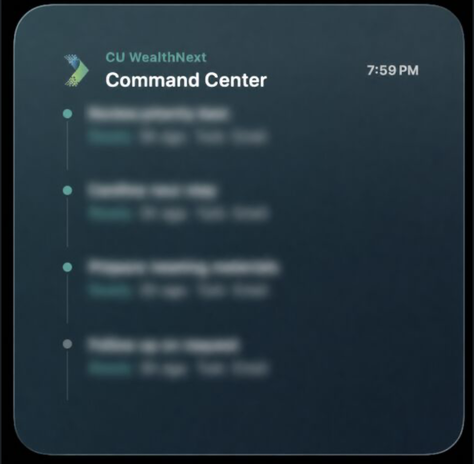 CU WealthNext Command Center macOS widget with task details blurred