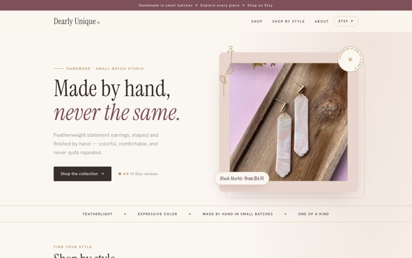 Dearly Unique jewelry website prototype with its handmade earrings collection